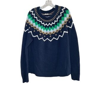 J Crew Navy Fair Isle Sweater Women's L Green Blue Gold Sparkle Knit holiday